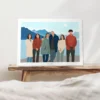 Illustration personnalisée d'une famille de 6 personnes devant un lac à la montagne. Affiche illustrée par Denadda.
