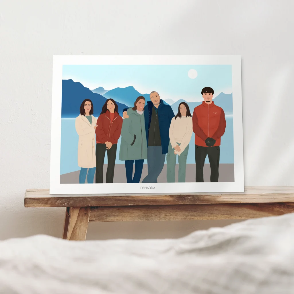 Illustration personnalisée d'une famille de 6 personnes devant un lac à la montagne. Affiche illustrée par Denadda.