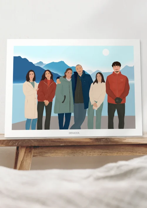 Illustration personnalisée famille Illustration personnalisée d'une famille de 6 personnes devant un lac à la montagne. Affiche illustrée par Denadda.