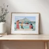 Illustration personnalisée d'une famille de 7 personnes au bord d'un lac. Un cadre personnalisé par Denadda.