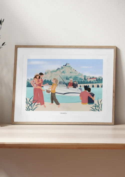 Illustration personnalisée famille Illustration personnalisée d'une famille de 7 personnes au bord d'un lac. Un cadre personnalisé par Denadda.