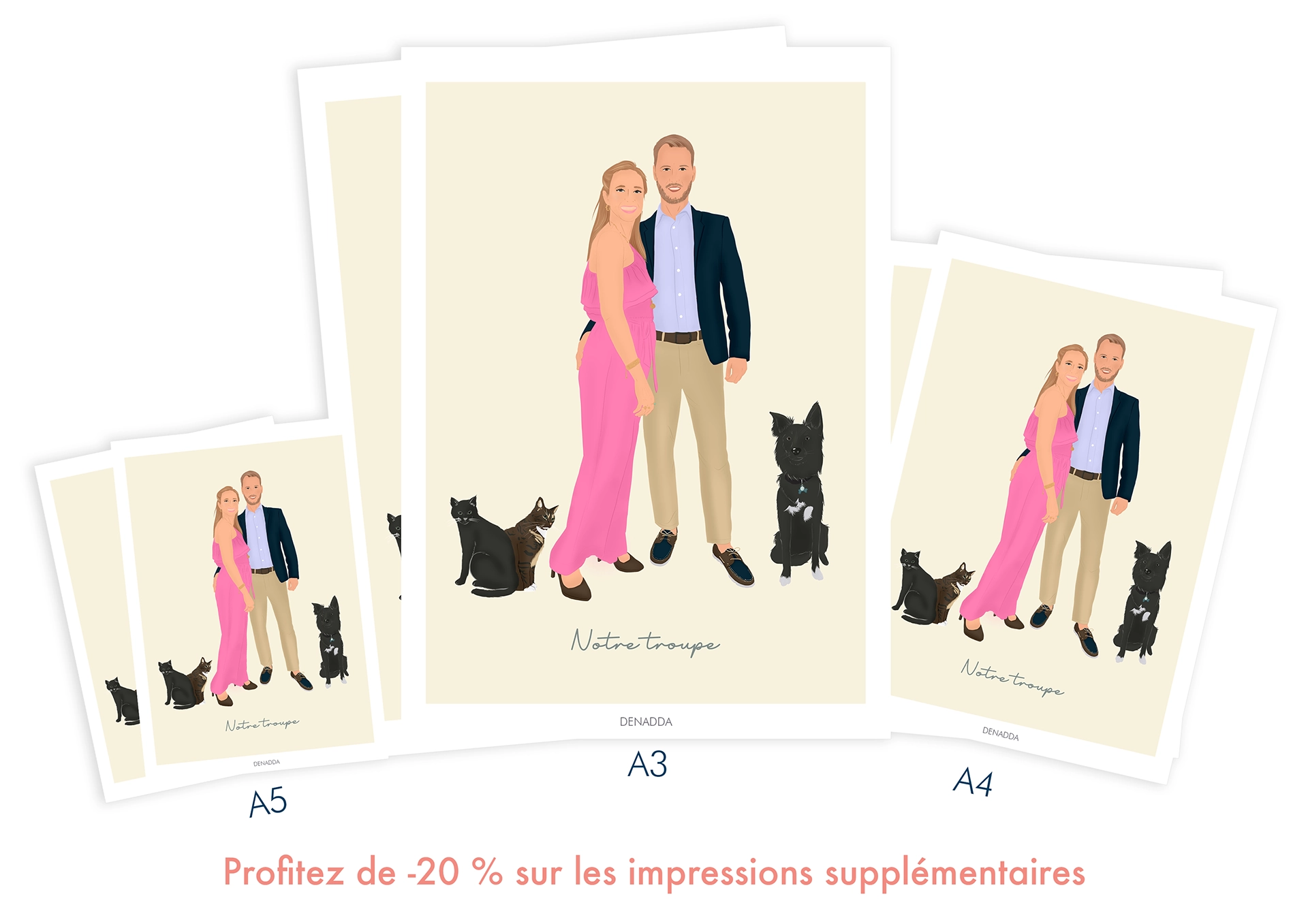 Affiche personnalisée couple et animaux imprimées en plusieurs exemplaires, A5, A4 et A3. Profitez de -20% avec Denadda.