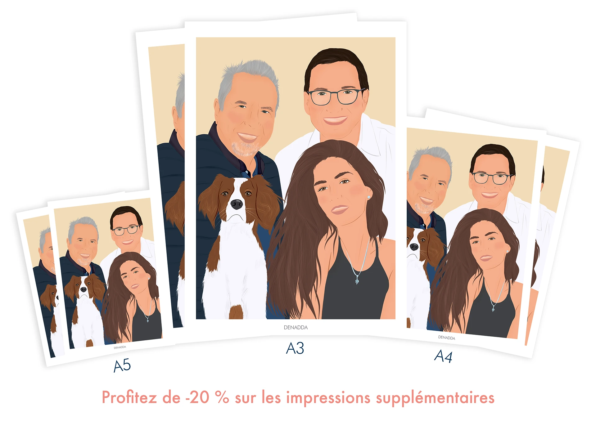 Portrait de famille avec animaux imprimé en plusieurs exemplaires, A5, A4 et A3. Profitez de -20% avec Denadda.