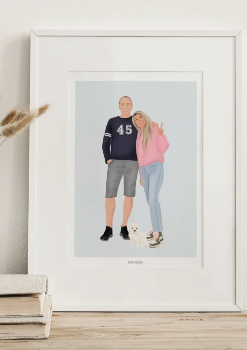 Illustration personnalisée couple et animaux Portrait d'un couple personnalisé avec un chien. Une affiche personnalisée par Denadda.