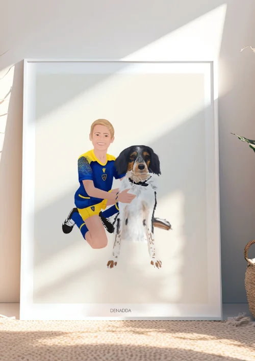 Illustration personnalisée famille et animaux Portrait famille personnalisé avec animal. Un enfant et un chien dans un cadre. Un tableau personnalisé par Denadda.