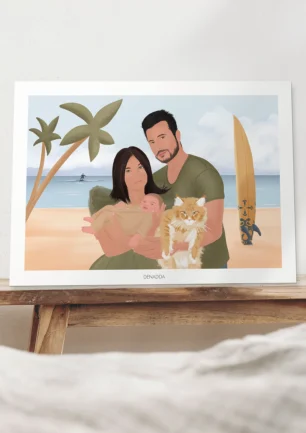 Portrait famille personnalisé avec animaux. Affiche personnalisée par Denadda.