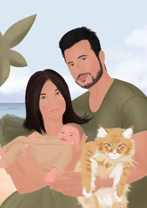 Portrait famille personnalisé avec animaux. Illustration personnalisée par Denadda.
