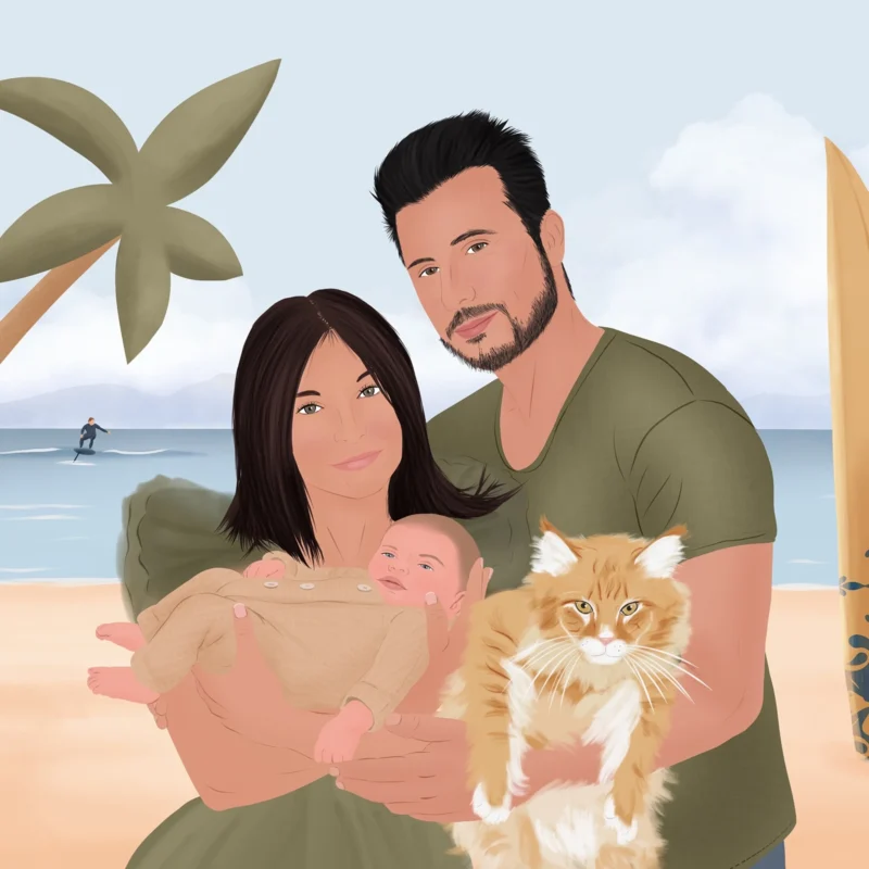 Portrait famille personnalisé avec animaux. Illustration personnalisée par Denadda.