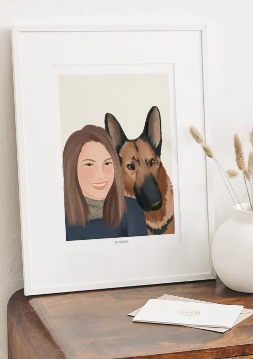 Illustration personnalisée famille et animaux Portrait famille personnalisé avec un chien. Un cadre personnalisé par Denadda.