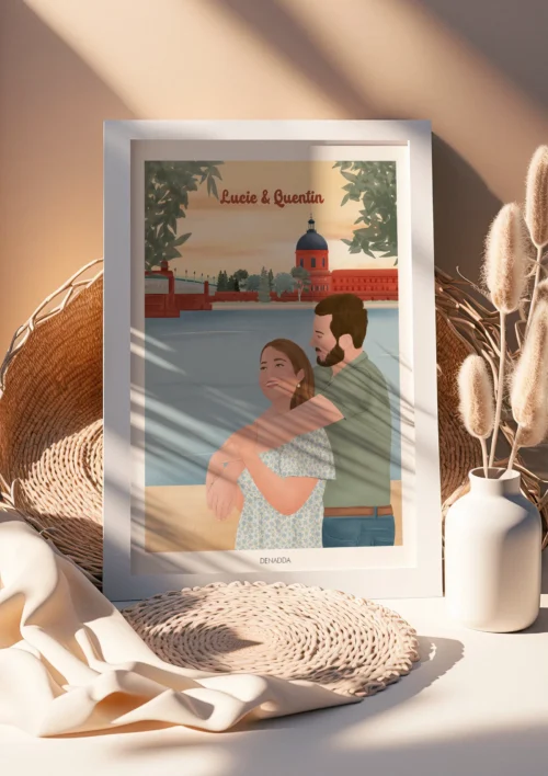 Illustration personnalisée couple Tableau de couple en illustration personnalisée à la ville de Toulouse. Une création de Denadda