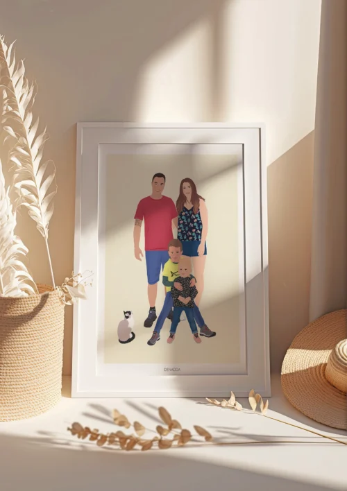 Illustration personnalisée famille et animaux Tableau famille personnalisé avec animaux. 4 personnes et 1 chat. Une illustration personnalisée par Denadda.