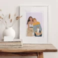 Tableau portrait famille personnalisé avec animaux. Une maman et sa fille et deux souris et un chat. Un cadre personnalisé par Denadda.