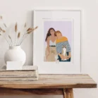 Tableau portrait famille personnalisé avec animaux. Une maman et sa fille et deux souris et un chat. Un cadre personnalisé par Denadda.
