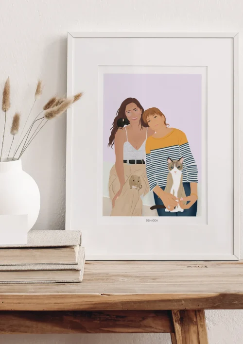 Illustration personnalisée famille et animaux Tableau portrait famille personnalisé avec animaux. Une maman et sa fille et deux souris et un chat. Un cadre personnalisé par Denadda.