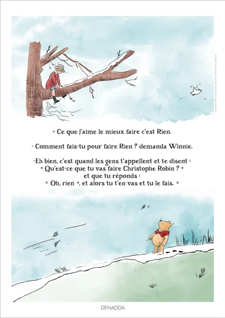 Illustration Winnie l’ourson et Jean-Christophe, ne rien faire. Une affiche de Denadda inspirée par A.A. Milne & E.H. Shepard.