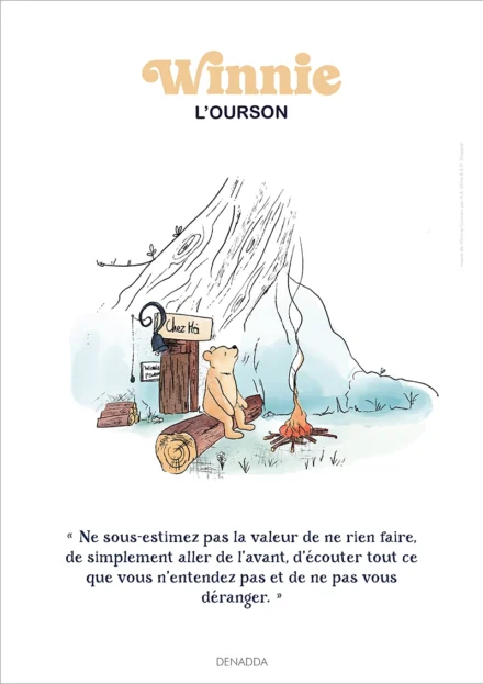 Affiche Winnie l'ourson devant sa maison. Une illustration de Denadda inspirée par A.A. Milne & E.H. Shepard.