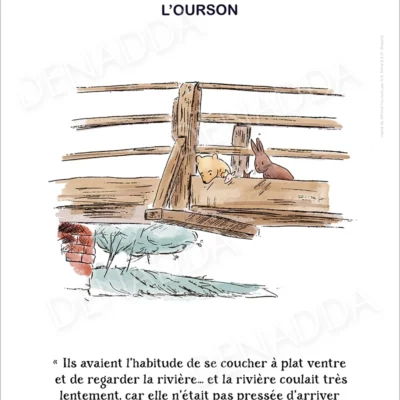 Affiche Winnie l'ourson et ses amis allongés sur le pont de la rivière. Une illustration de Denadda inspirée par A.A. Milne & E.H. Shepard.