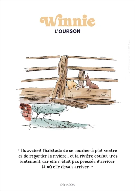 Affiche Winnie l'ourson et ses amis allongés sur le pont de la rivière. Une illustration de Denadda inspirée par A.A. Milne & E.H. Shepard.