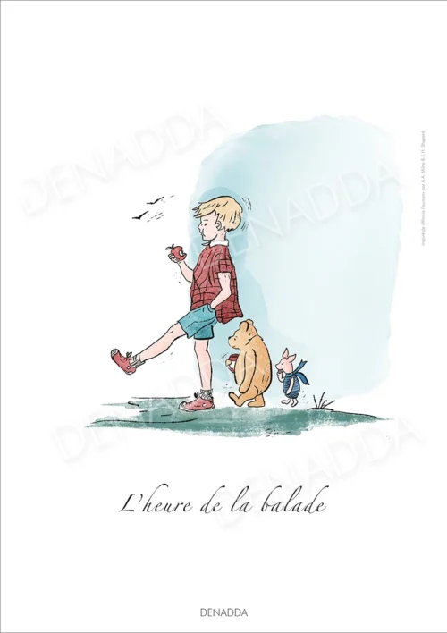 Affiche Winnie l'ourson - L'heure de la balade Affiche Winnie l'ourson, Jean Christophe et Porcinet, l'heure de la balade. Une illustration de Denadda inspirée par A.A. Milne & E.H. Shepard.