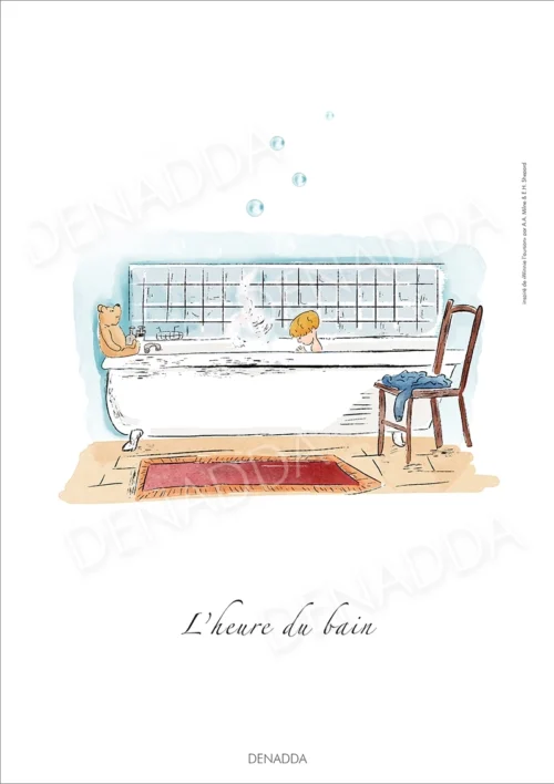 Affiche Winnie l'ourson - L'heure du bain Affiche Winnie l'ourson, L'heure du bain. Une illustration de Denadda inspirée par A.A. Milne & E.H. Shepard.