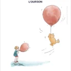 Affiche de Winnie l'ourson qui s'envole avec un ballon rouge a ses cotés Jean-Christophe souffle dans un autre ballon rouge. Une illustration de Denadda inspirée par A.A. Milne & E.H. Shepard.