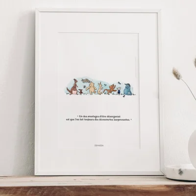 Cadre Winnie l'ourson et ses amis. Une illustration de Denadda inspirée par A.A. Milne & E.H. Shepard.