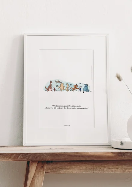 Cadre Winnie l'ourson et ses amis. Une illustration de Denadda inspirée par A.A. Milne & E.H. Shepard.