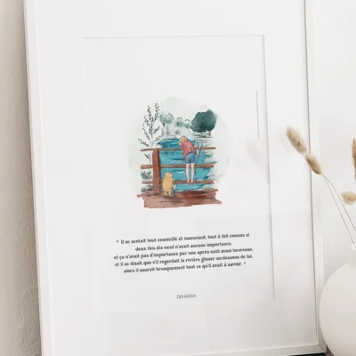 Cadre Winnie l'ourson, le pont et la rivière. Une illustration de Denadda inspirée par A.A. Milne & E.H. Shepard.