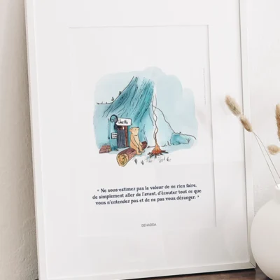 Cadre Winnie l'ourson devant sa maison. Une illustration de Denadda inspirée par A.A. Milne & E.H. Shepard.