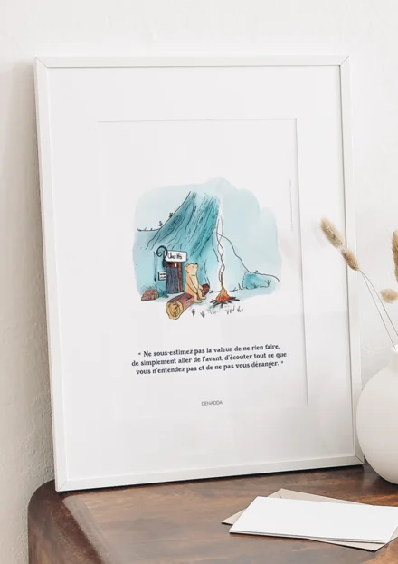 Cadre Winnie l'ourson devant sa maison. Une illustration de Denadda inspirée par A.A. Milne & E.H. Shepard.