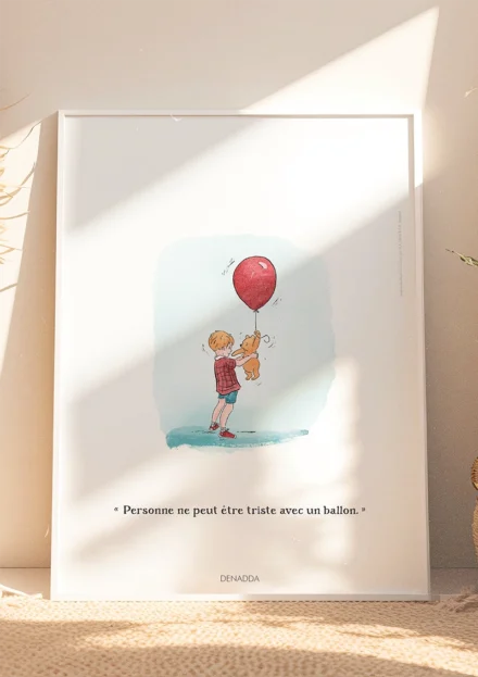 Cadre Winnie l'ourson et le ballon rouge. Une illustration de Denadda inspirée par A.A. Milne & E.H. Shepard.
