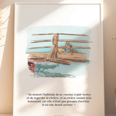 Cadre Winnie l'ourson et ses amis allongés sur le pont de la rivière. Une illustration de Denadda inspirée par A.A. Milne & E.H. Shepard.