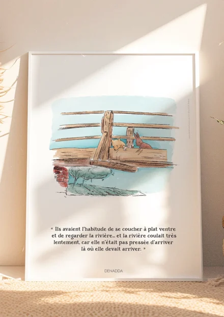 Cadre Winnie l'ourson et ses amis allongés sur le pont de la rivière. Une illustration de Denadda inspirée par A.A. Milne & E.H. Shepard.