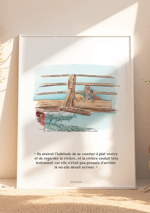 Cadre Winnie l'ourson et ses amis allongés sur le pont de la rivière Cadre Winnie l'ourson et ses amis allongés sur le pont de la rivière. Une illustration de Denadda inspirée par A.A. Milne & E.H. Shepard.
