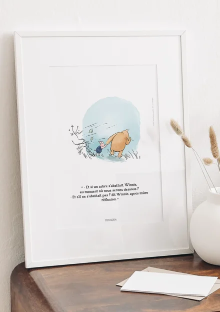 Cadre Winnie l’ourson et Porcinet, le vent souffle. Une illustration de Denadda inspirée par A.A. Milne & E.H. Shepard.