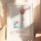 Cadre de Winnie l'ourson qui s'envole avec un ballon rouge a ses cotés Jean-Christophe souffle dans un autre ballon rouge. Une illustration de Denadda inspirée par A.A. Milne & E.H. Shepard.