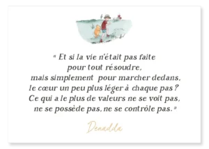Carte Winnie l'ourson, promenade dans la forêt des rêves bleus. "Et si la vie n’était pas faite pour tout résoudre, mais simplement pour marcher dedans, le cœur un peu plus léger à chaque pas ? Ce qui a le plus de valeur ne se voit pas, ne se possède pas, ne se contrôle pas.” Denadda