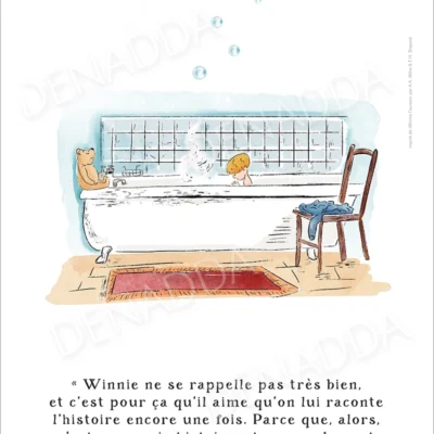 Illustration Winnie l'ourson dans la salle de bain. Une affiche de Denadda inspirée par A.A. Milne & E.H. Shepard.