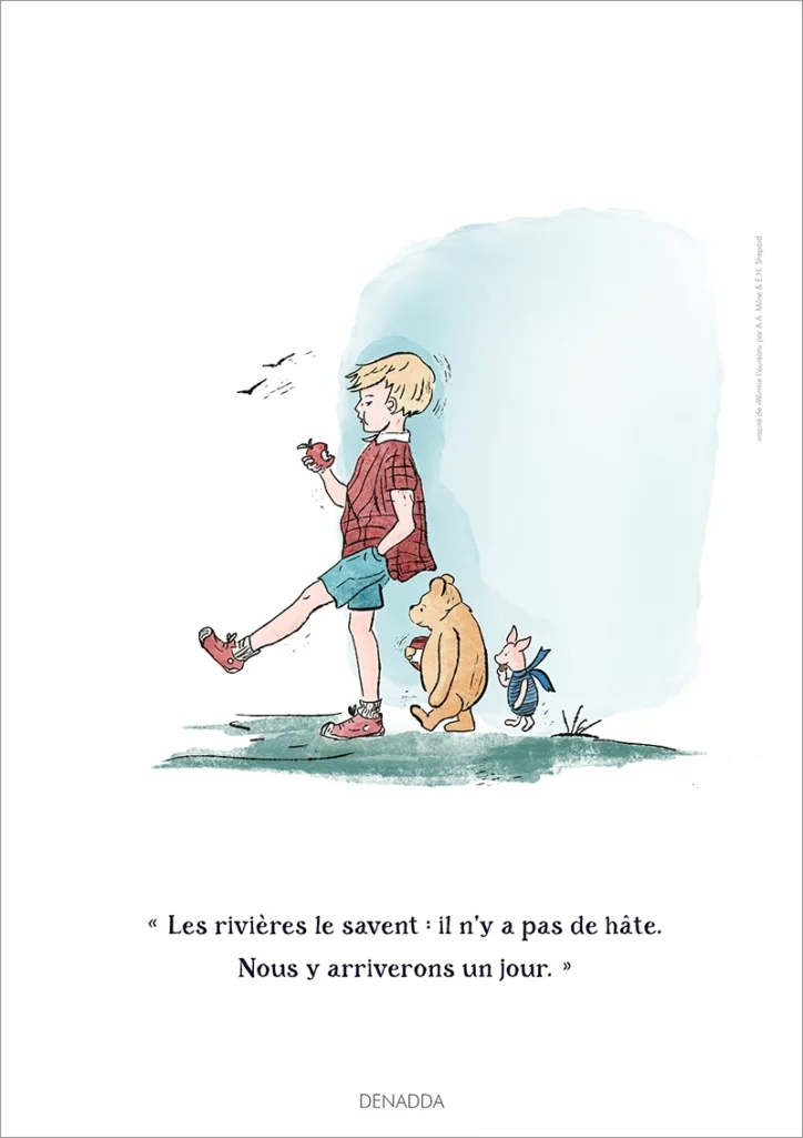 Illustration Winnie, Jean Christophe et Porcinet sur le chemin de la Forêt des Rêves Bleus avec citation Winnie l'Ourson. Une affiche de Denadda inspirée par A.A. Milne & E.H. Shepard.