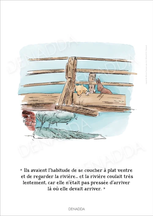 Illustration Winnie l'ourson et ses amis allongés sur le pont de la rivière Illustration Winnie l'ourson et ses amis allongés sur le pont de la rivière. Une afiiche de Denadda inspirée par A.A. Milne & E.H. Shepard.