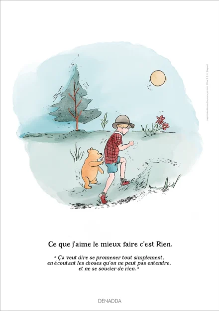 Illustration Winnie l'ourson et Jean Christophe, promenade dans la forêt des rêves bleus. Une affiche de Denadda inspirée par A.A. Milne & E.H. Shepard.