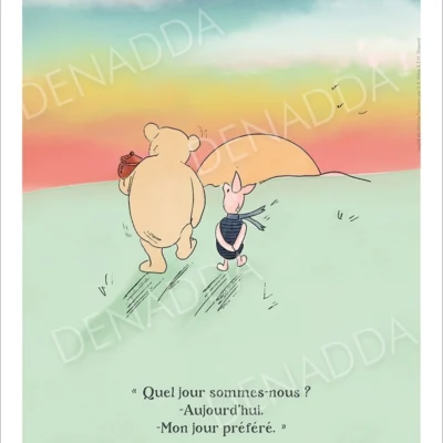 Illustration Winnie l'ourson et Porcinet, au coucher du soleil. Une affiche de Denadda inspirée par A.A. Milne & E.H. Shepard.