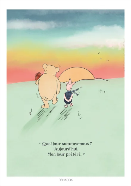 Illustration Winnie l'ourson et Porcinet, au coucher du soleil. Une affiche de Denadda inspirée par A.A. Milne & E.H. Shepard.