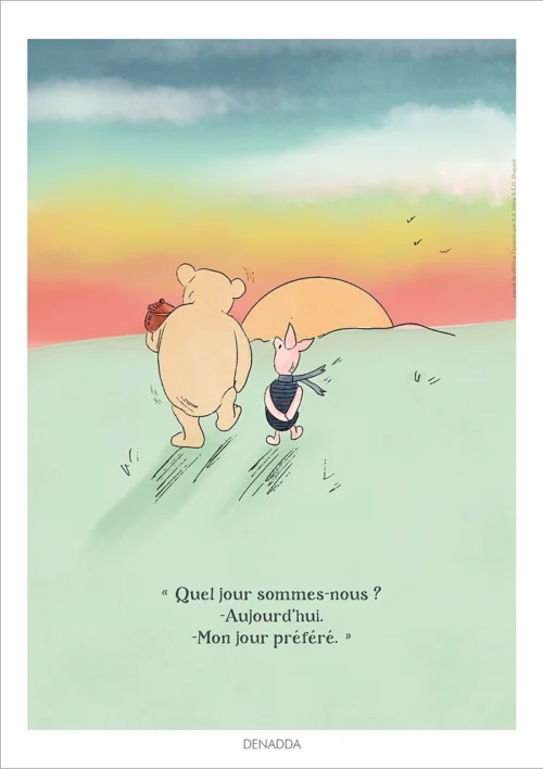 Illustration Winnie l'ourson et Porcinet, au coucher du soleil. Une affiche de Denadda inspirée par A.A. Milne & E.H. Shepard.