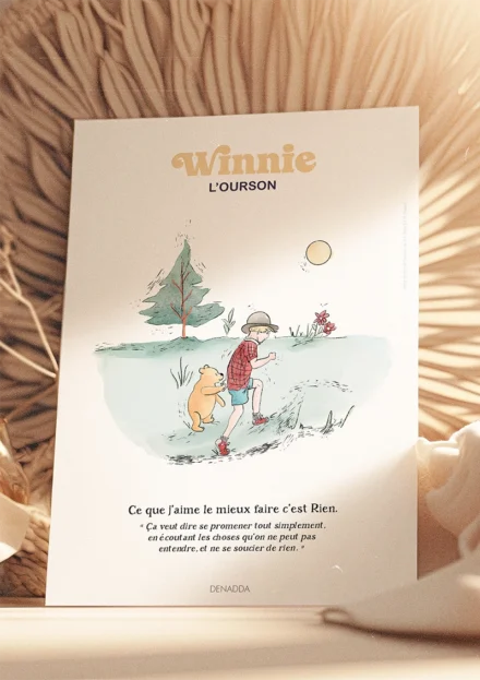 Poster Winnie l'ourson et Jean Christophe, promenade dans la forêt des rêves bleus. Une illustration de Denadda inspirée par A.A. Milne & E.H. Shepard.