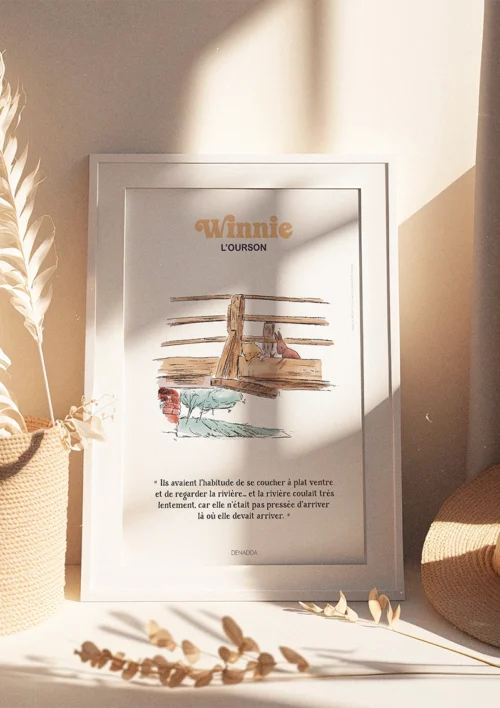 Tableau Winnie l'ourson et ses amis allongés sur le pont de la rivière Tableau Winnie l'ourson et ses amis allongés sur le pont de la rivière. Une illustration de Denadda inspirée par A.A. Milne & E.H. Shepard.