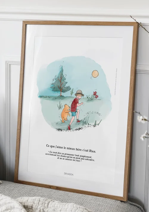 Tableau Winnie l'ourson - Promenade dans la forêt des rêves bleus Tableau Winnie l'ourson et Jean Christophe, promenade dans la forêt des rêves bleus. Une illustration de Denadda inspirée par A.A. Milne & E.H. Shepard.