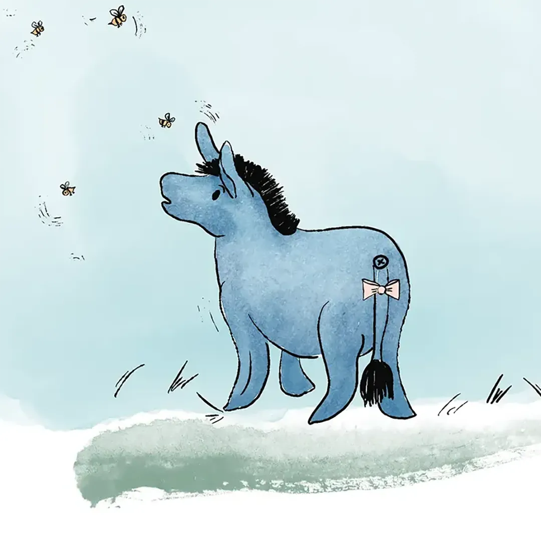 Bourriquet, personnage Winnie l'Ourson. Illustration d'un âne à coté des abeilles. Denadda