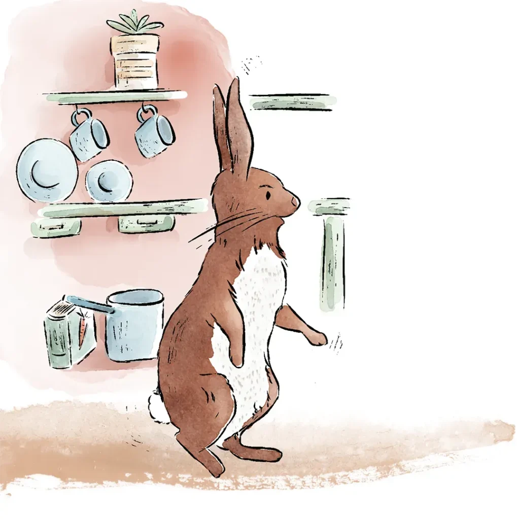 Coco Lapin, personnage Winnie l'Ourson. Illustration d'un lapin et de sa maison dans son terrier. Denadda