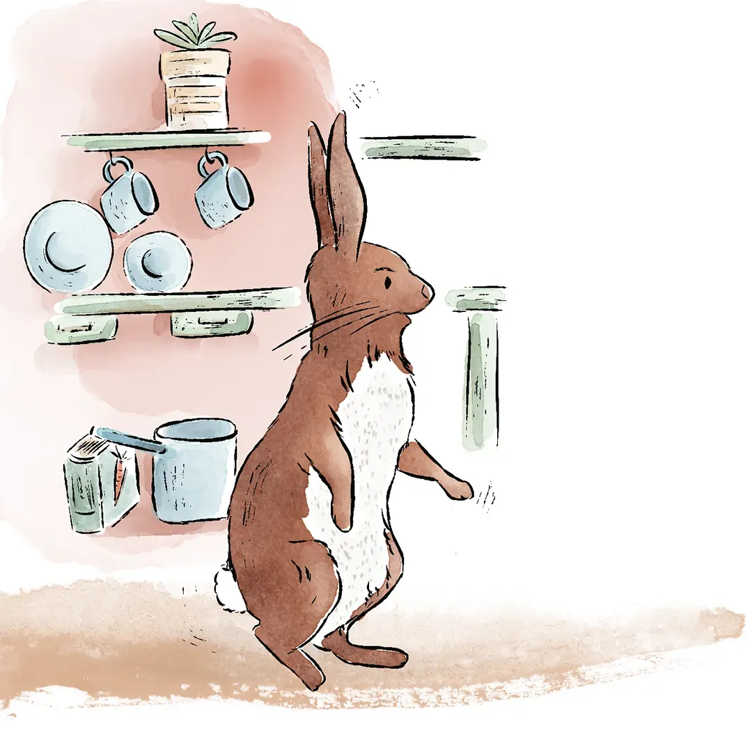 Coco Lapin, personnage Winnie l'Ourson. Illustration d'un lapin et de sa maison dans son terrier. Denadda